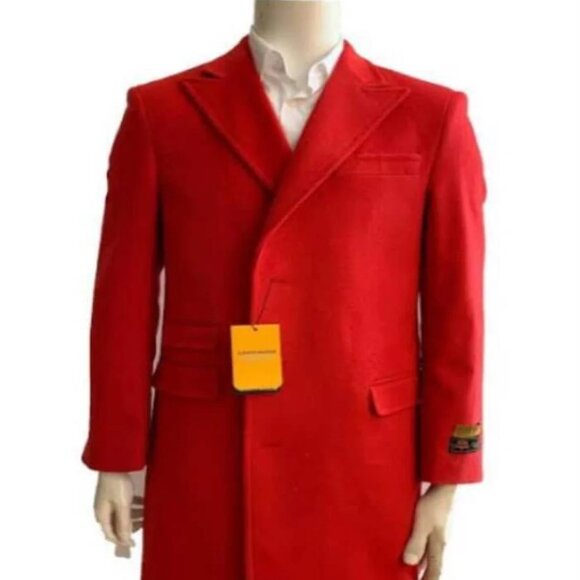 Red Trench Coat - Long Red Coat - Mens Red Peacoat - Mens Red Overcoat - Wool Fa - Picture 1 of 2